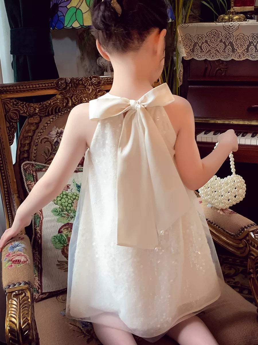 Girls Halter-Neck Sundress - Chic Mesh Princess Dress with Bow