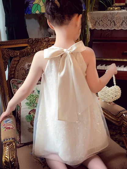 Girls Halter-Neck Sundress - Chic Mesh Princess Dress with Bow