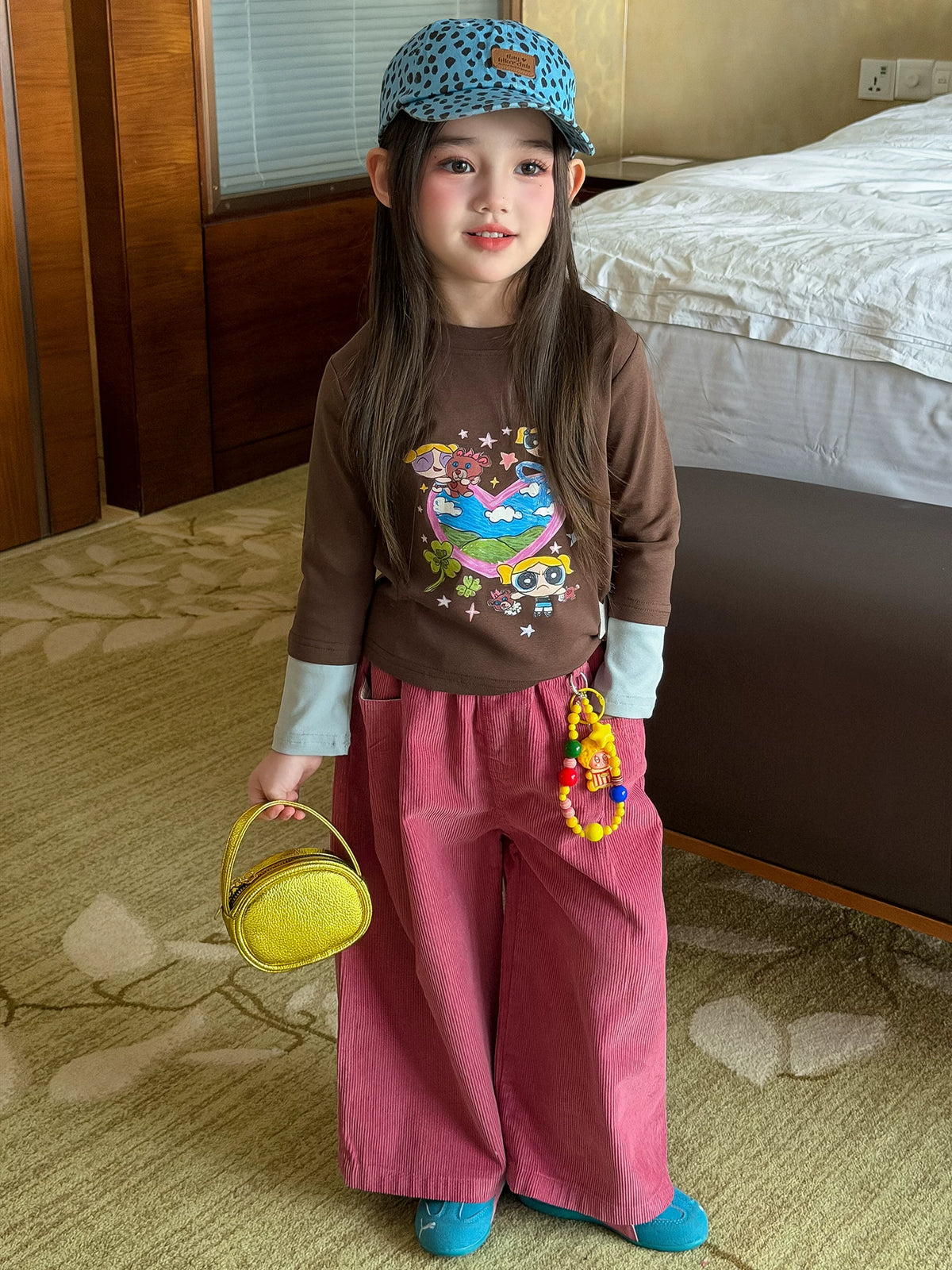Girls Cartoon Tee & Corduroy Wide-Leg Pants Set with Charm - Korean Autumn Two-Piece