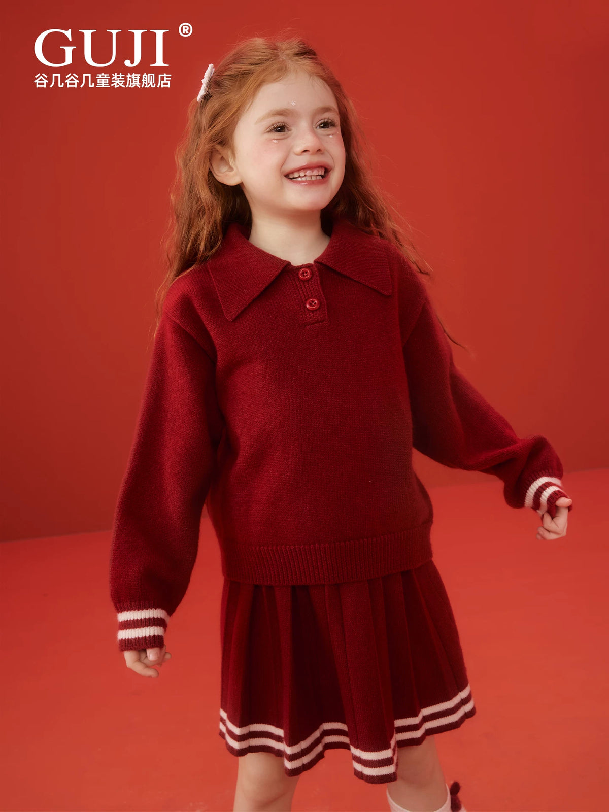 Girls Preppy Sweater & Skirt Set - Red Holiday Knit Two-Piece
