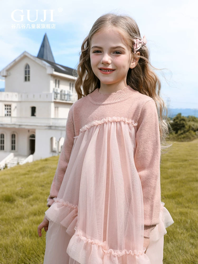 Girls Mesh-Overlay Knit Dress - Soft Tulle Princess Dress