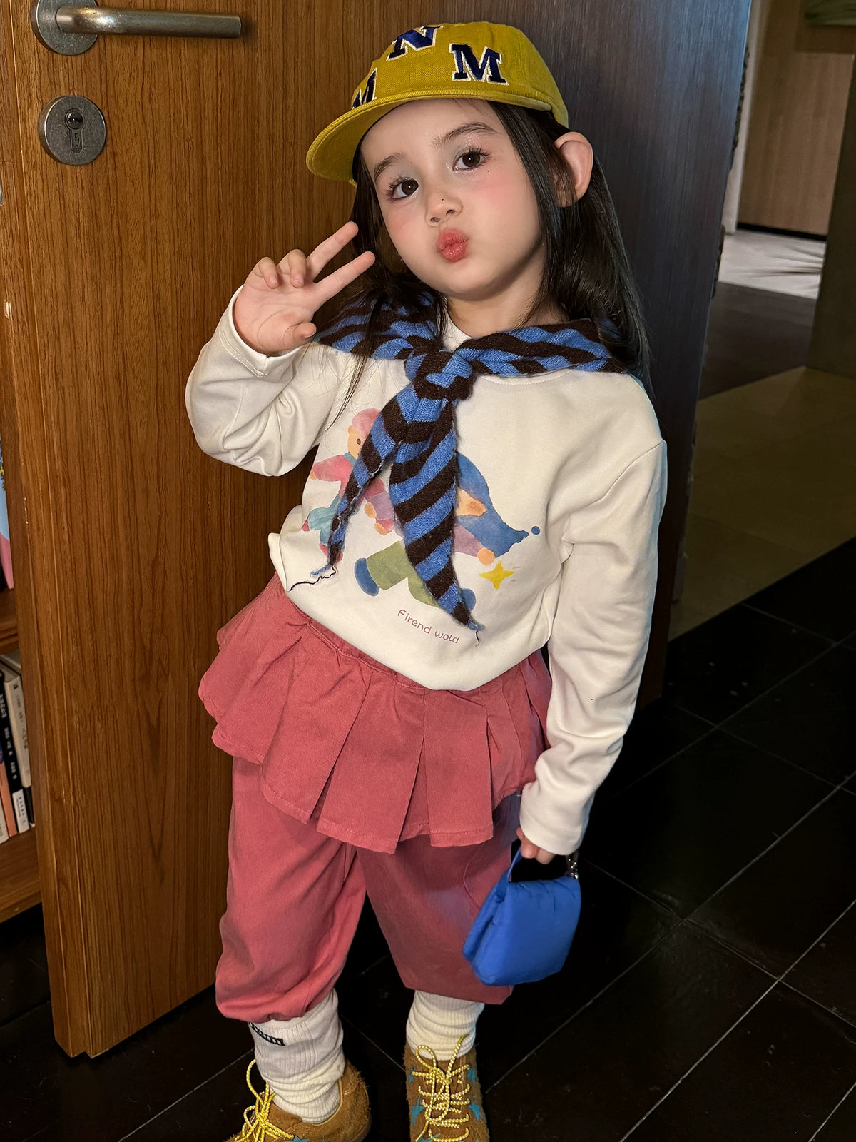 Girls Cartoon Print Tee & Skirt-Panel Pants Set - Korean Autumn Two-Piece