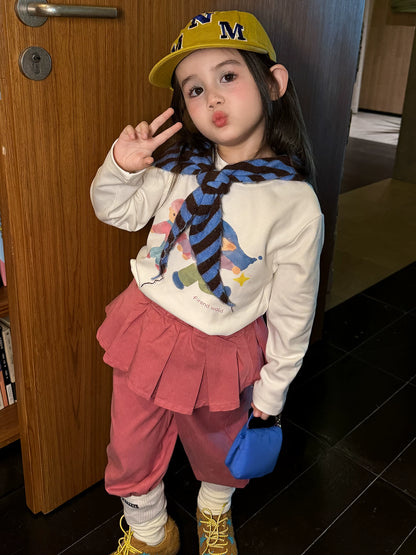 Girls Cartoon Print Tee & Skirt-Panel Pants Set - Korean Autumn Two-Piece