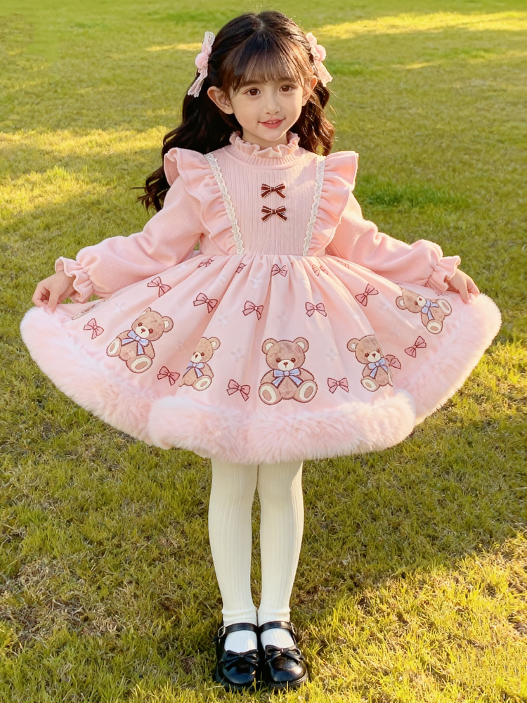 Girls Pink Bunny Fleece-Lined Lolita Dress - Sweet Birthday Princess Gown
