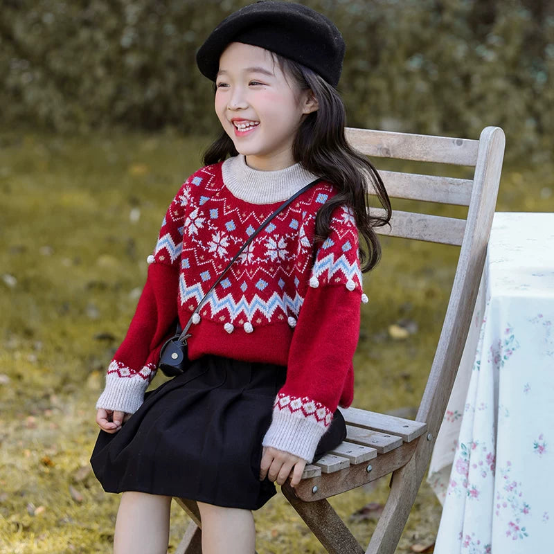 Girls Christmas Knit Sweater - Pom-Pom Festive Holiday Top