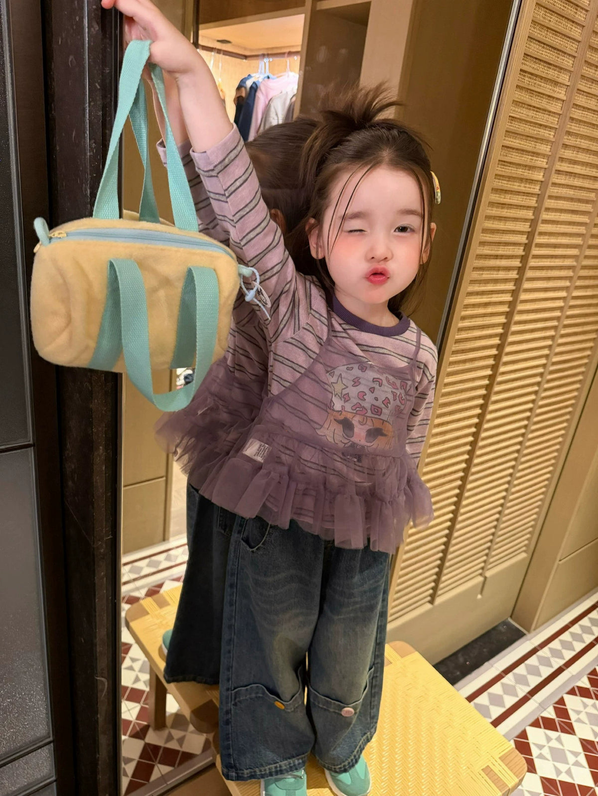 Girls Taro-Purple Layered Top & Jeans Set - Ruffle-Hem Autumn Separates