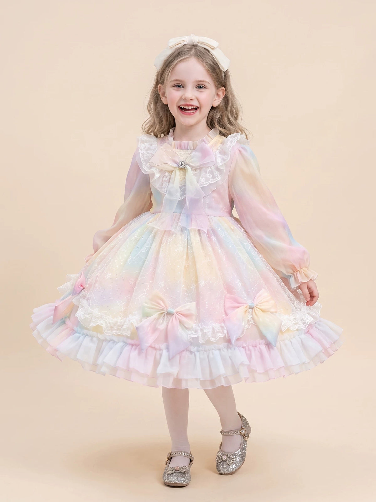 Girls Long-Sleeve Lolita Dress - Puffy Tulle Princess Dress in Pink