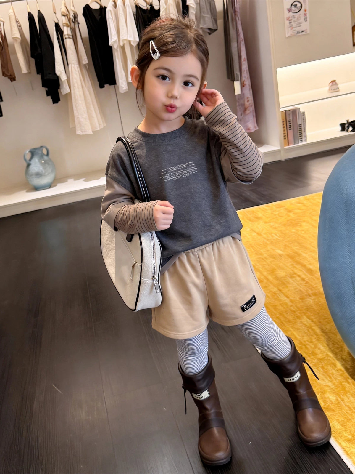 Girls Letter Print Faux Two-Piece Tee - Korean Contrast Layering