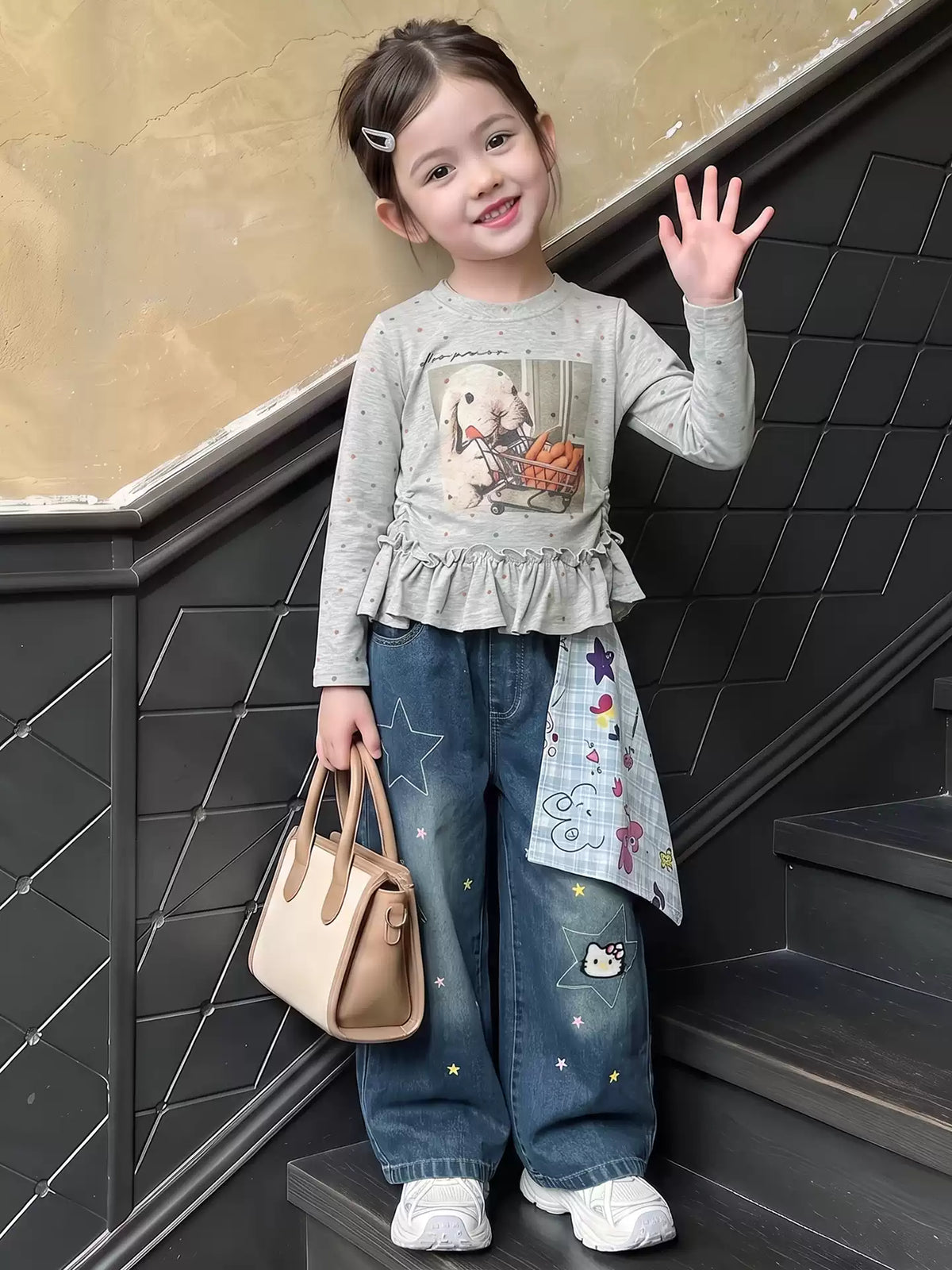 Girls Long-Sleeve Printed Tee & Bandana-Print Jeans Set - Pure Cotton Autumn Separates