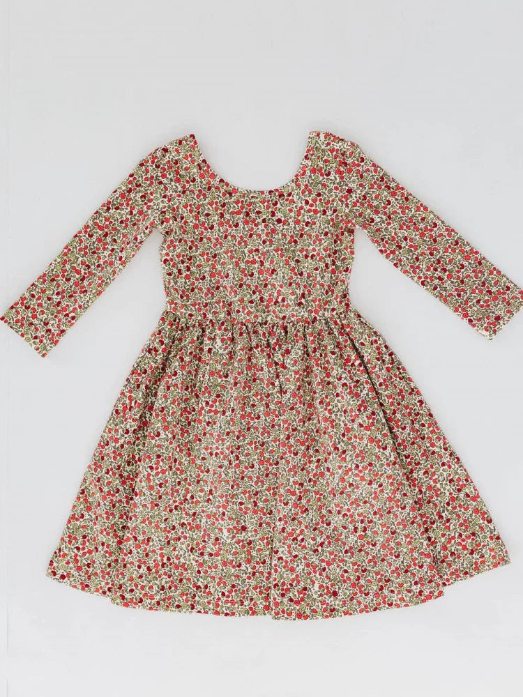 Girls Nordic Linen Dress - Crimson Floral Long-Sleeve
