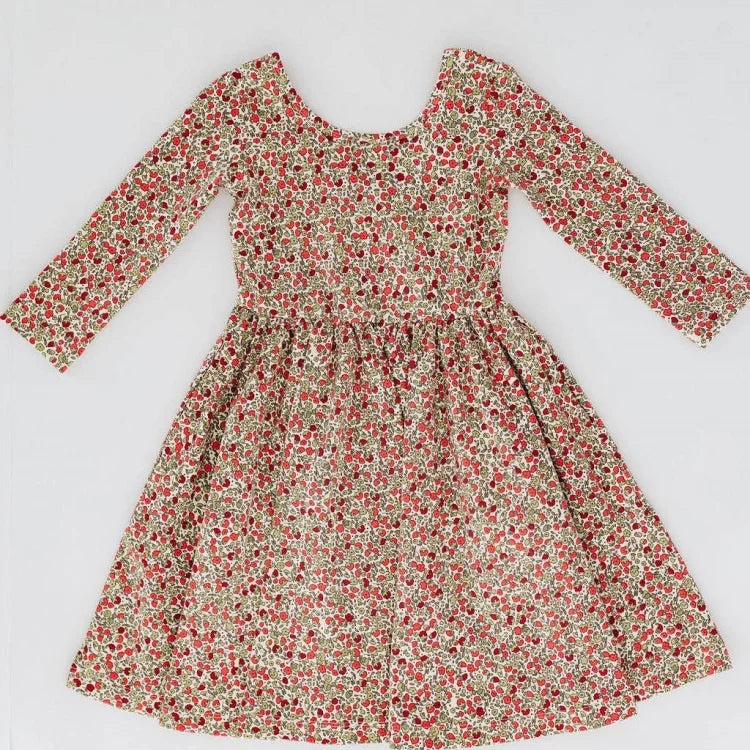 Girls Nordic Linen Dress - Crimson Floral Long-Sleeve