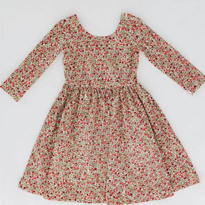 Girls Nordic Linen Dress - Crimson Floral Long-Sleeve