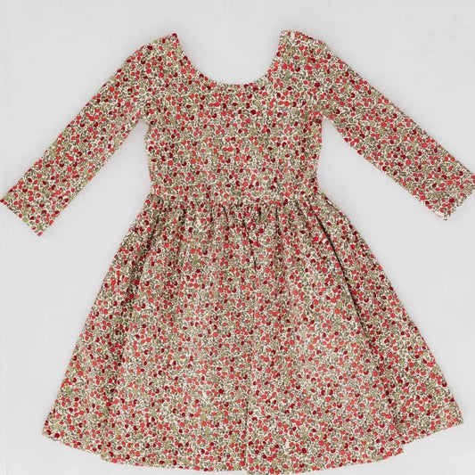 Girls Nordic Linen Dress - Crimson Floral Long-Sleeve