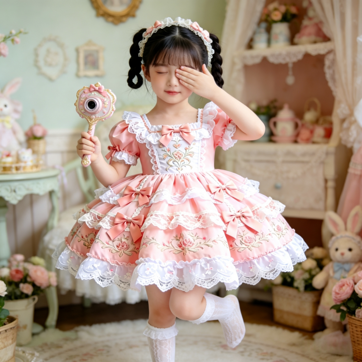 Girls Lace-Embroidered Lolita Dress - Premium Puffy Birthday Princess Gown