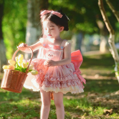Girls Fresh-Style Lolita Princess Dress - Pink Plaid Puffy Birthday Gown
