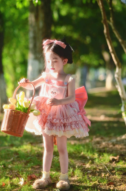 Girls Fresh-Style Lolita Princess Dress - Pink Plaid Puffy Birthday Gown