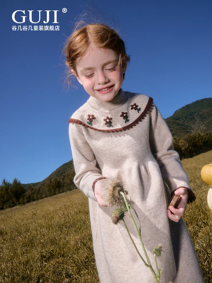 Girls Embroidered Flower Knit Dress - Warm Winter Sweater Dress