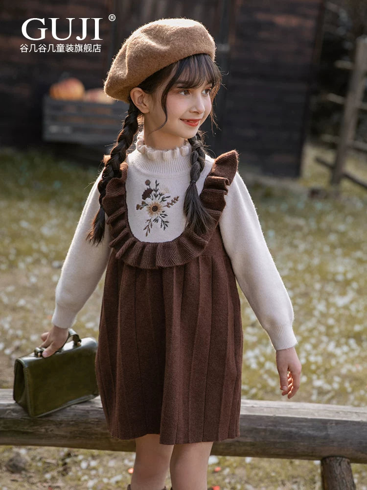 Girls Preppy Knit Sweater Dress - Embroidered Long-Sleeve Midi