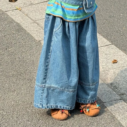 Girls Striped Polo & Wide-Leg Jeans Set - Retro Autumn with Mini Bag
