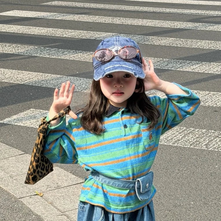 Girls Striped Polo & Wide-Leg Jeans Set - Retro Autumn with Mini Bag