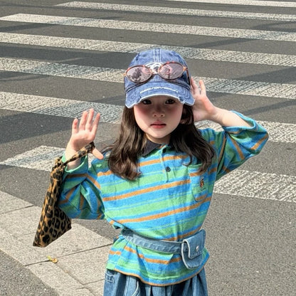 Girls Striped Polo & Wide-Leg Jeans Set - Retro Autumn with Mini Bag