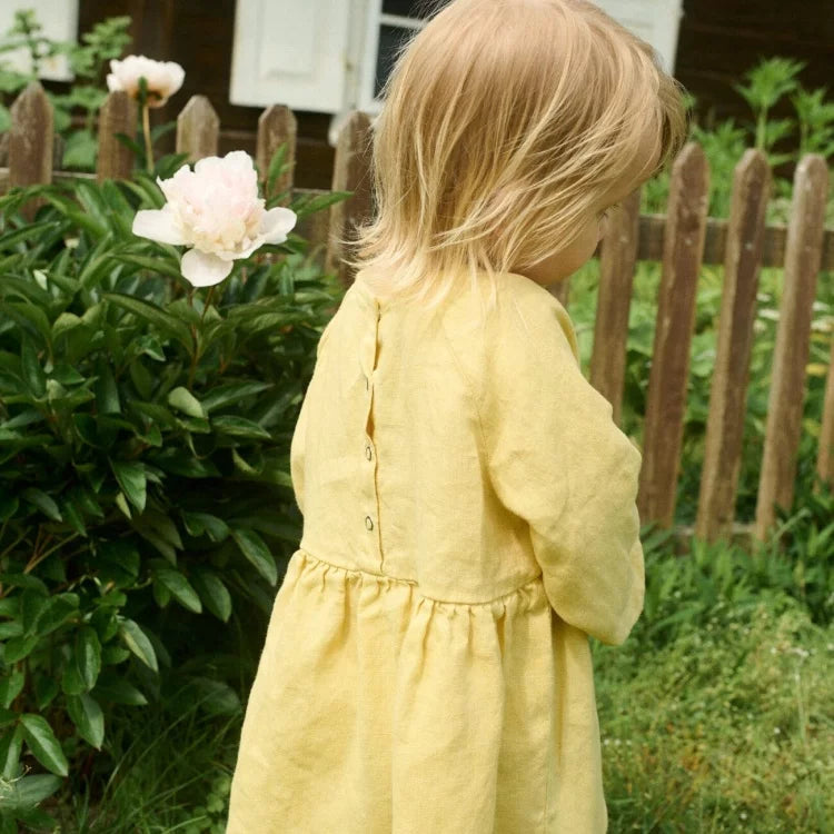 Girls Nordic Linen Dress - Sunny Yellow Long-Sleeve