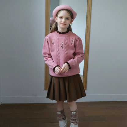 Girls Hand-Knit Crew-Neck Sweater - Embroidered Lace-Trim Pullover