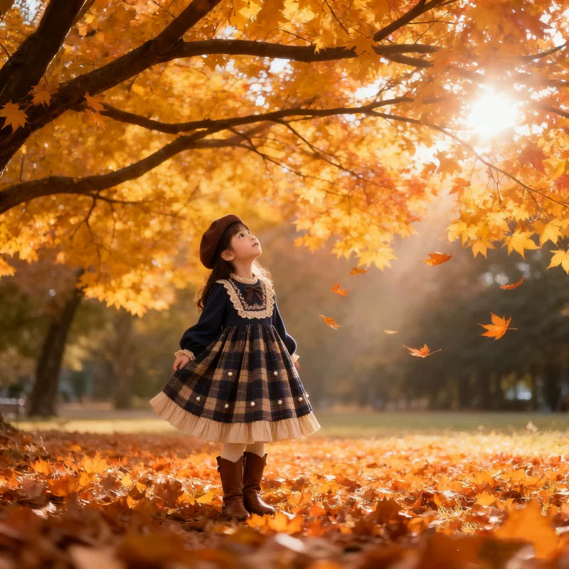 Girls Preppy Plaid Lolita Dress - Fleece-Lined Birthday Princess Gown