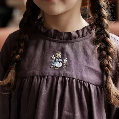 Pure Linen Lace-Collar Dress - Embroidered Long-Sleeve Autumn