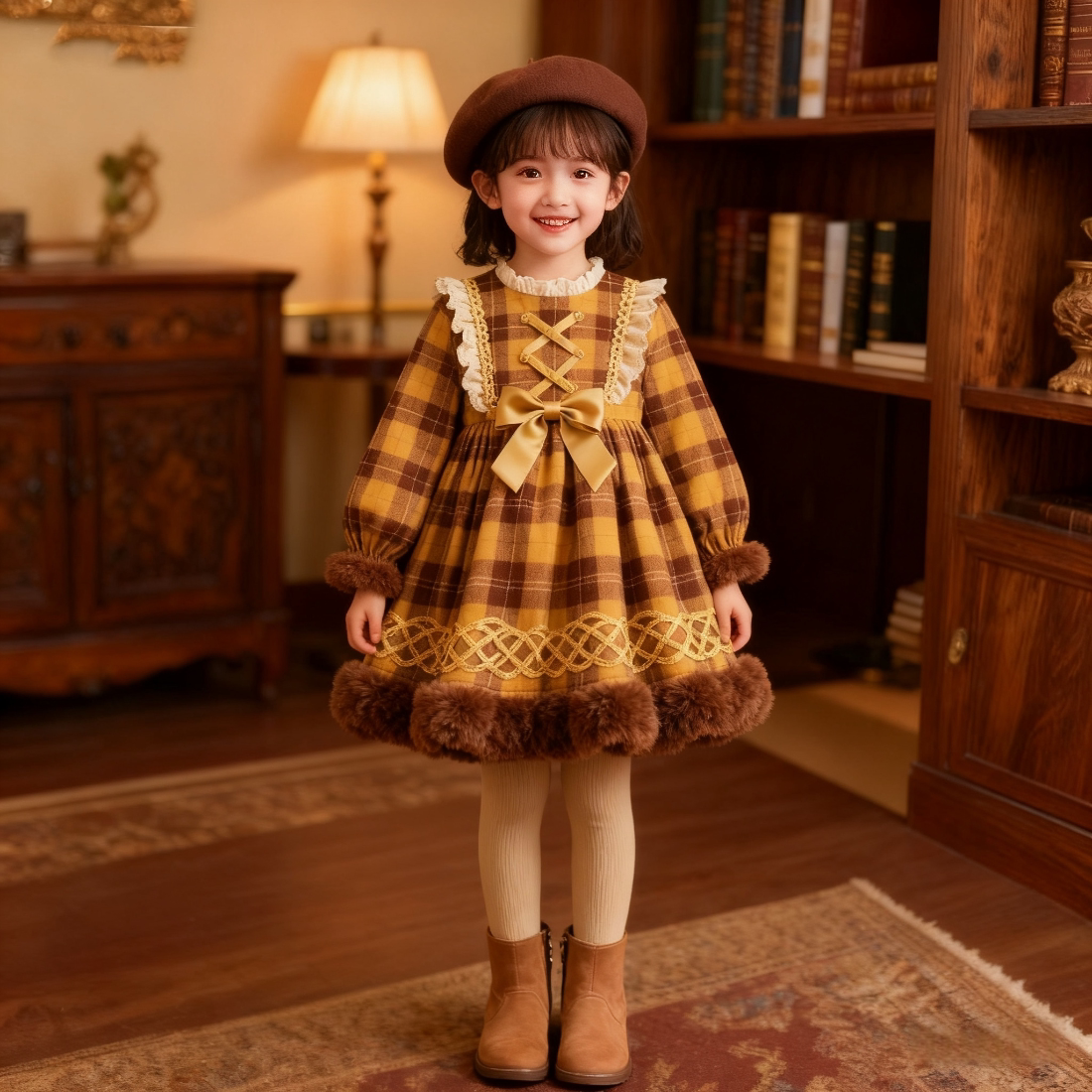 Girls Preppy Plaid Lolita Dress - Fleece-Lined Birthday Gown with Leggings Options