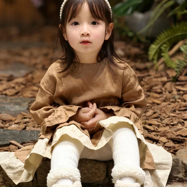 Girls Belgium Linen Long Dress - Khaki Relaxed Fit