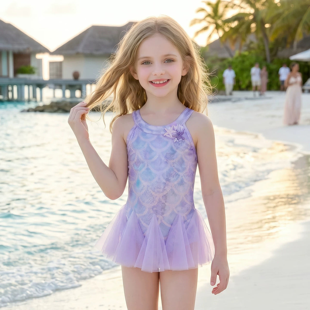 Girls Mermaid Swimsuit - Gradient Princess Swim Dress with Cap