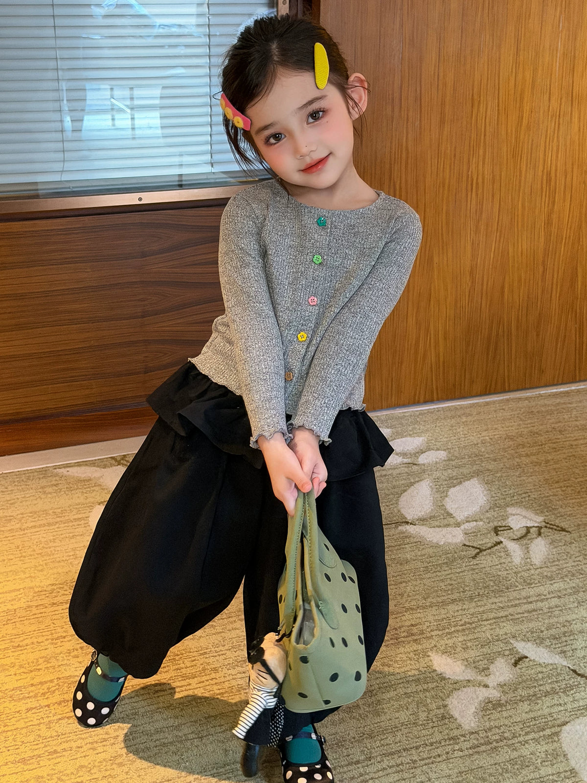 Girls Colourful Button Cardigan & Lantern Pants Set - Korean Layering