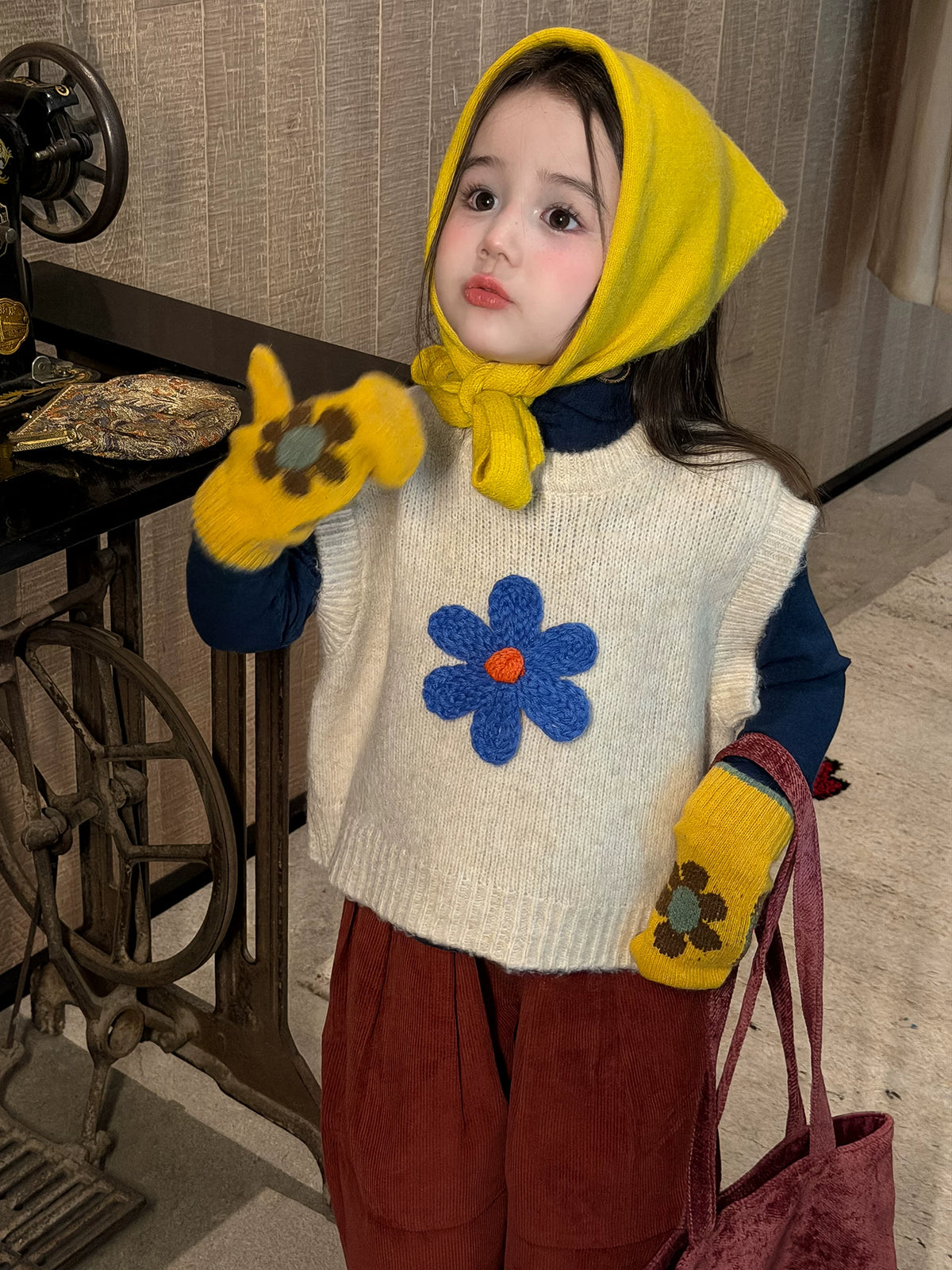 Girls Knit Vest & Base Layer Pants Set - Autumn Three-Piece