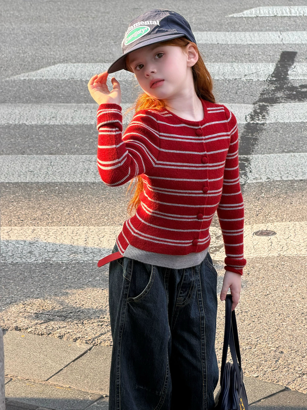 Girls Striped Faux Two-Piece Cardigan - Slim Korean Knit