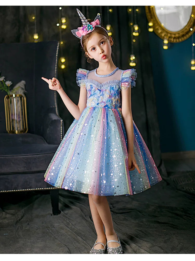 Girls Elsa Rainbow Princess Dress - Puffy Mesh Stage Gown