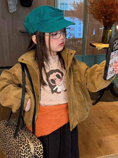 Girls Stand-Collar Suede Zip Jacket & Corduroy Pants Set - Korean Autumn Separates