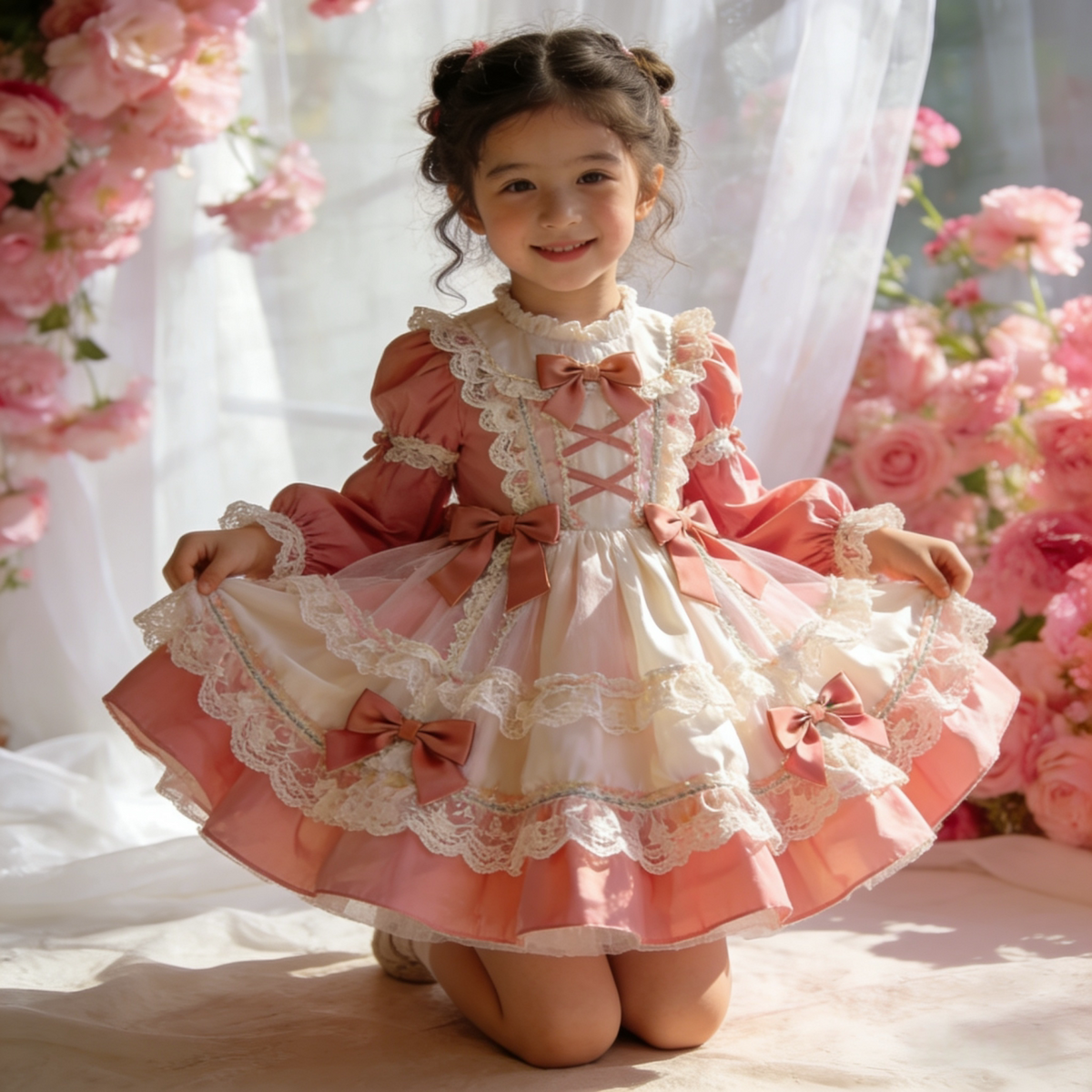 Girls French-Style Lolita Dress - Peach-Pink Couture Birthday Gown