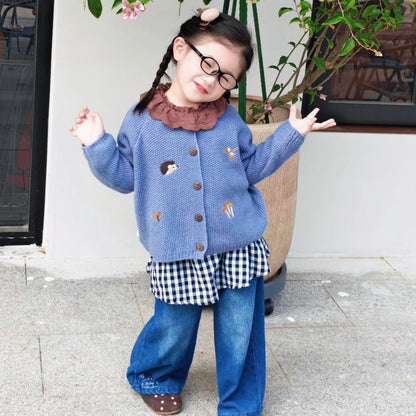 Kids Wool Knit Cardigan - Embroidered Autumn Sweater