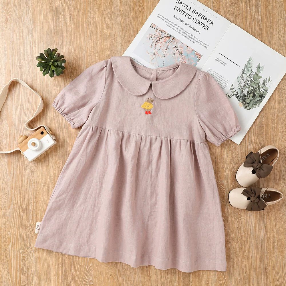 Girls Nordic Doll-Collar Linen Dress - Alice Style Short Sleeve