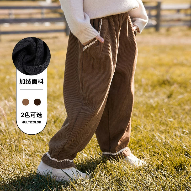 Girls Fleece-Lined Corduroy Joggers - Ruffle-Cuff Warm Pants