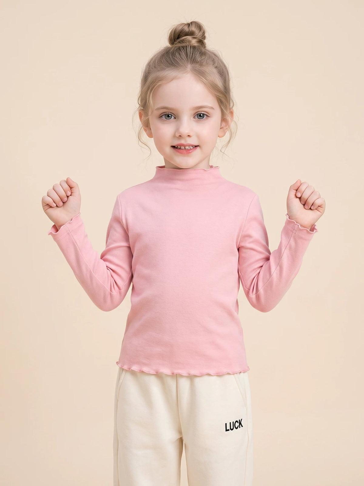 Girls Half-Turtleneck Base Layer - Lettuce-Edge Long-Sleeve Top