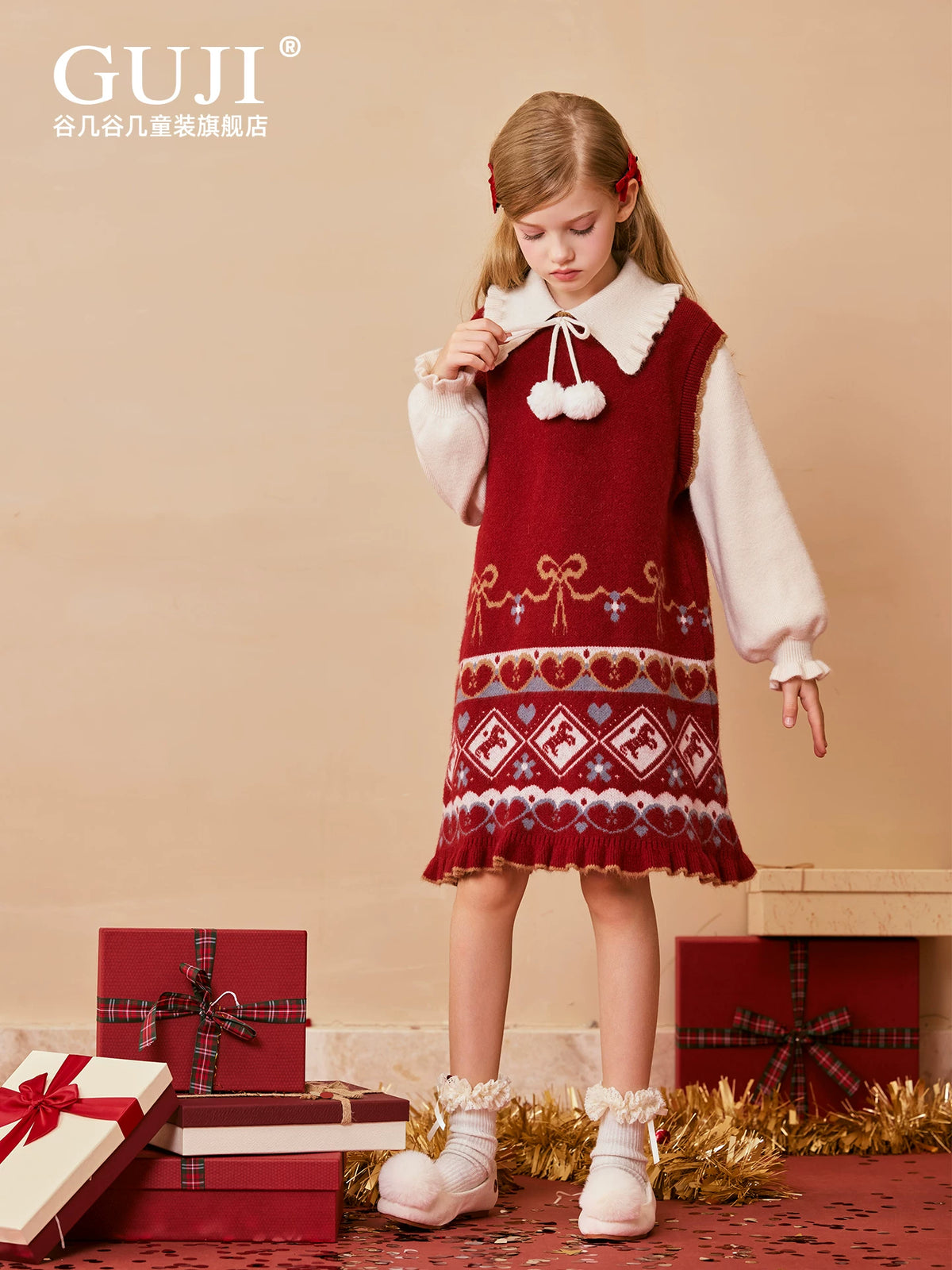 Girls Red Knit Dress - Winter Long Princess Sweater Dress