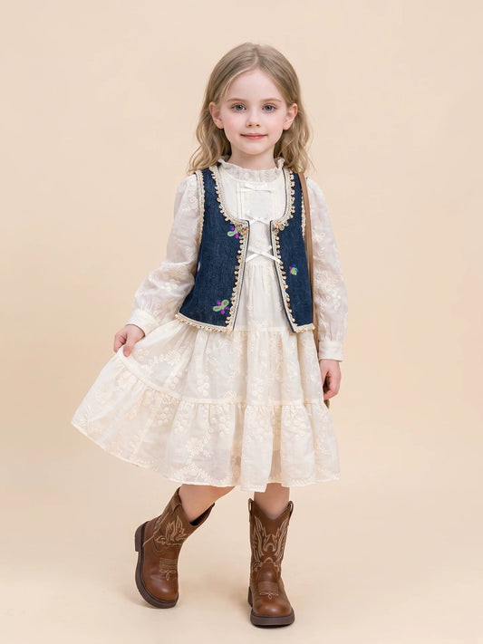 Girls Denim Vest & Lace Dress Set - Autumn Two-Piece