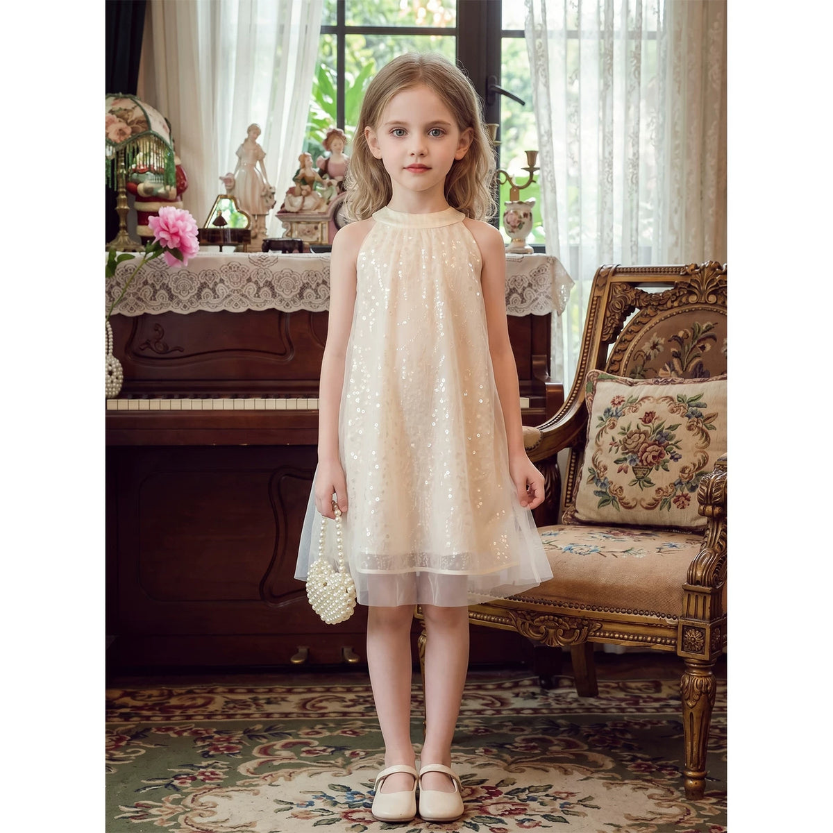 Girls Halter-Neck Sundress - Chic Mesh Princess Dress with Bow