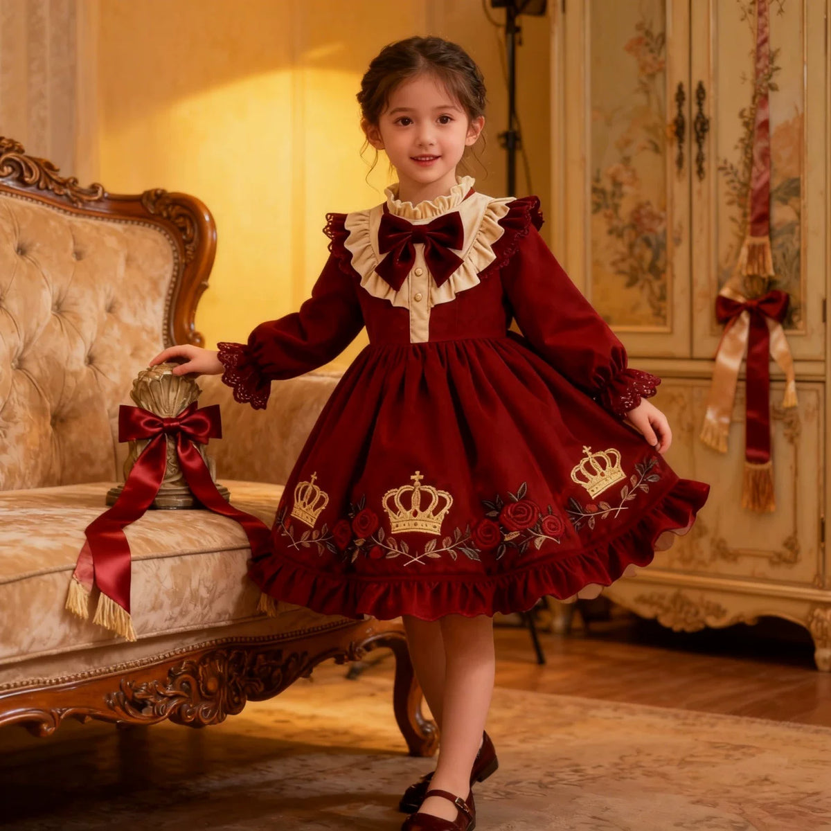 Girls Crown-Embroidered Court-Style Dress - Fleece-Lined Festive Princess Gown