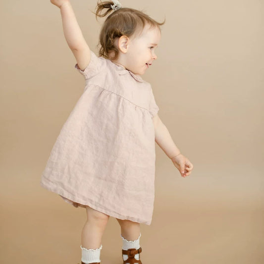 Girls Nordic Doll-Collar Linen Dress - Alice Style Short Sleeve