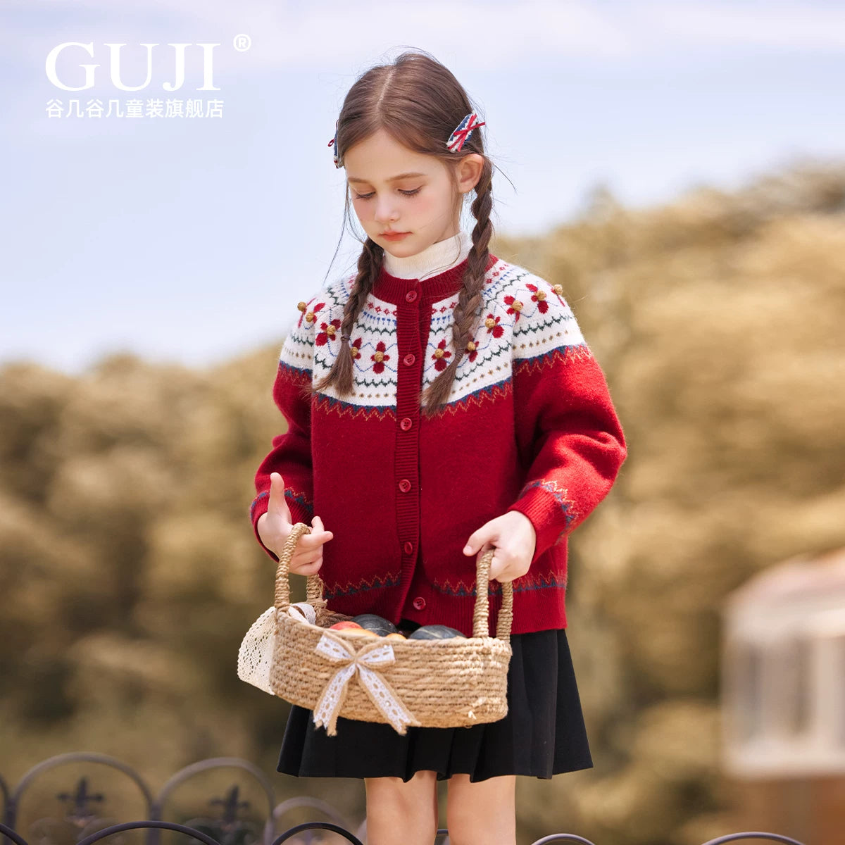 Girls Festive Red Knit Cardigan - Round Neck Holiday Sweater