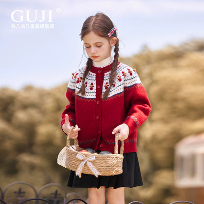 Girls Festive Red Knit Cardigan - Round Neck Holiday Sweater