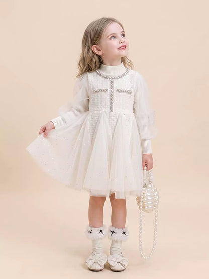 Girls Pearl-Trim Cardigan & Pinafore Set - Chanel-Style Separates